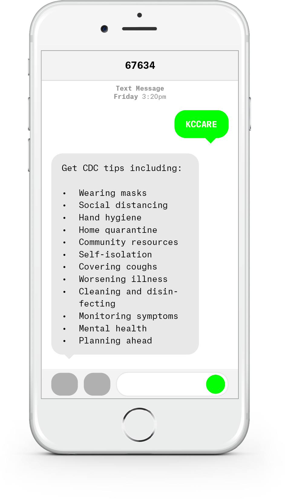 White iPhone with text messages about COVID-19 from KC CARE Health System.