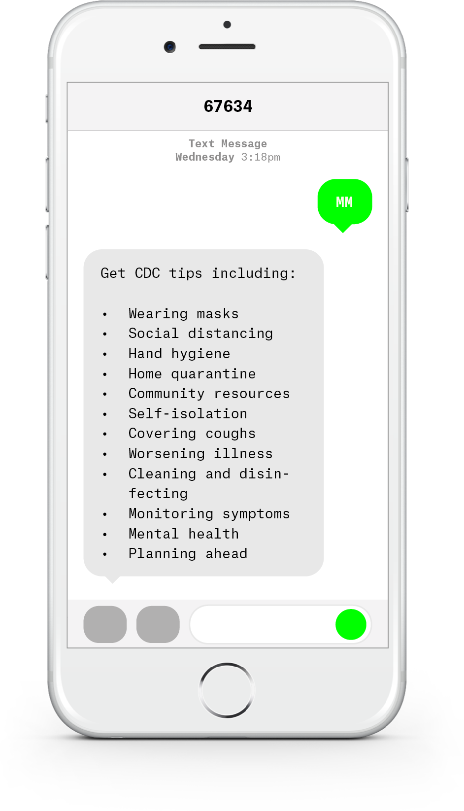 White iPhone with text messages about COVID-19 from Michigan Medicine.
