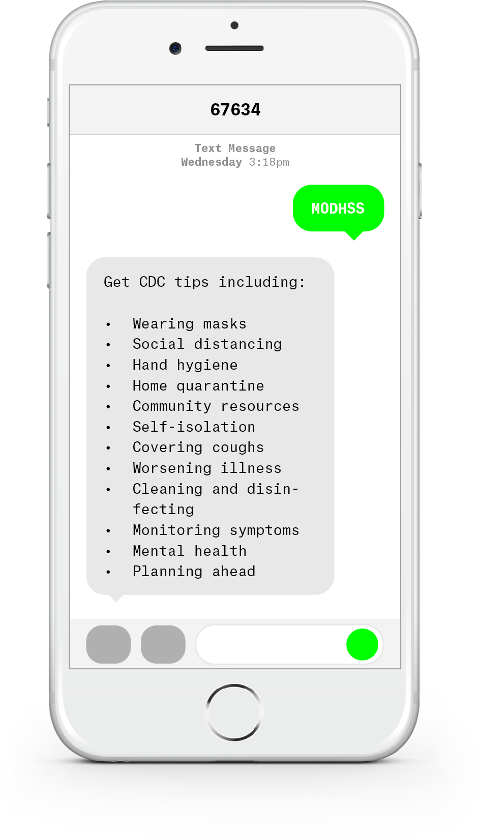 White iPhone with text messages about COVID-19 from Missouri Department of Health and Senior Services.