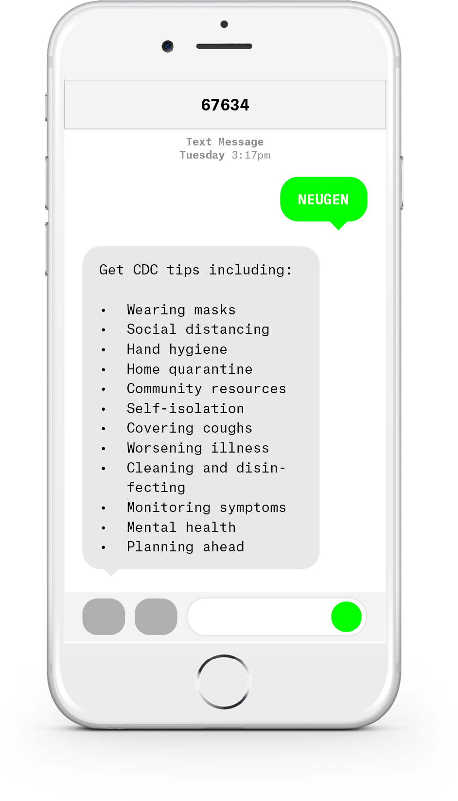 White iPhone with text messages about COVID-19 from NeuGen.