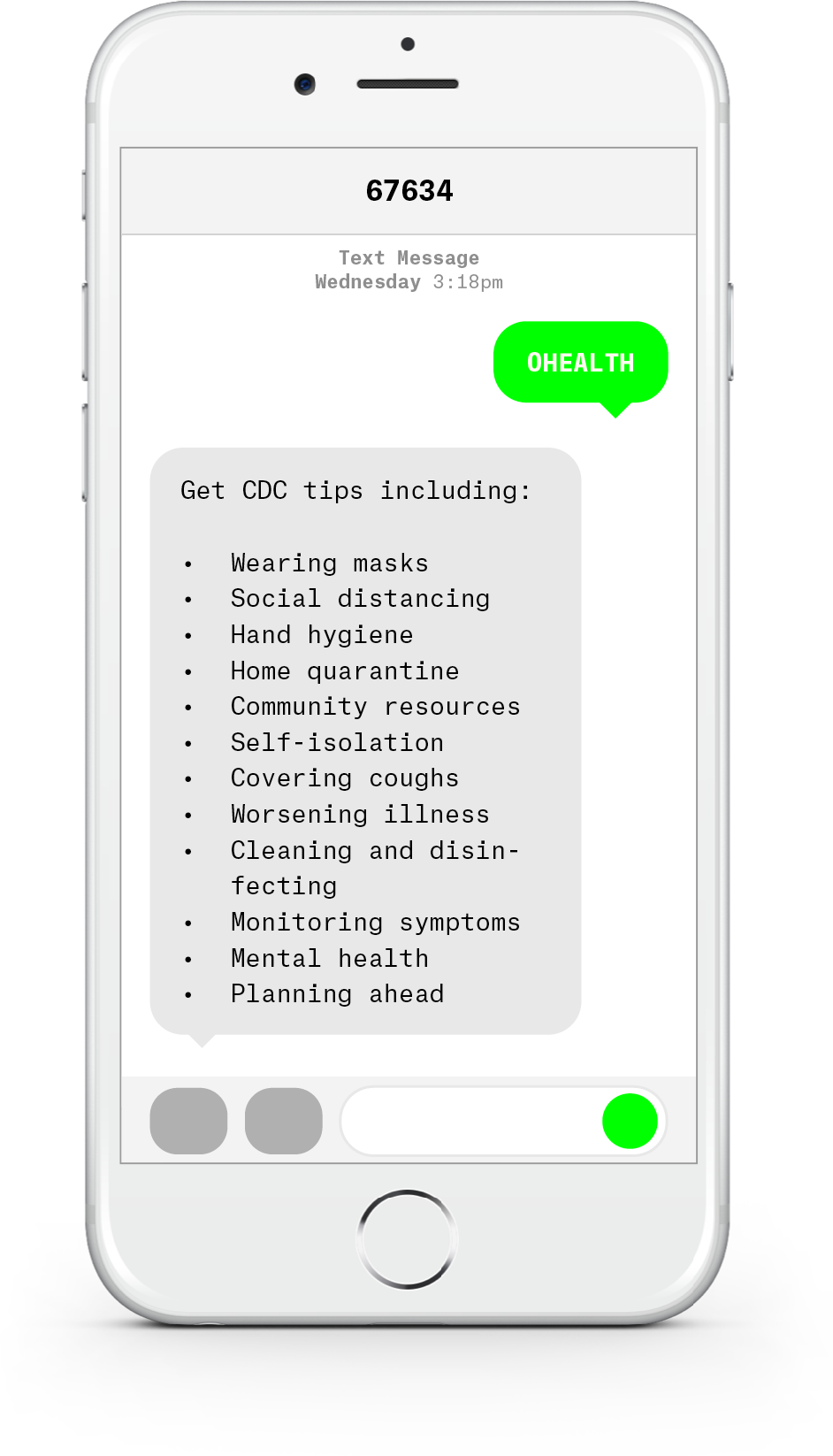 White iPhone with text messages about COVID-19 from Ochsner Health.