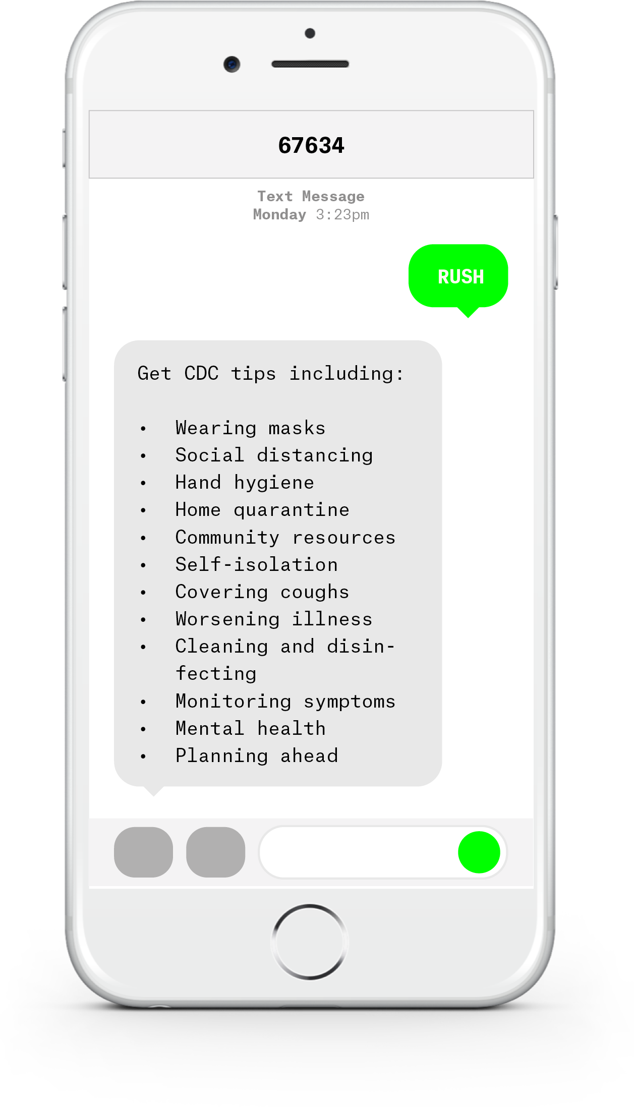 White iPhone with text messages about COVID-19 from Rush University Medical Center.