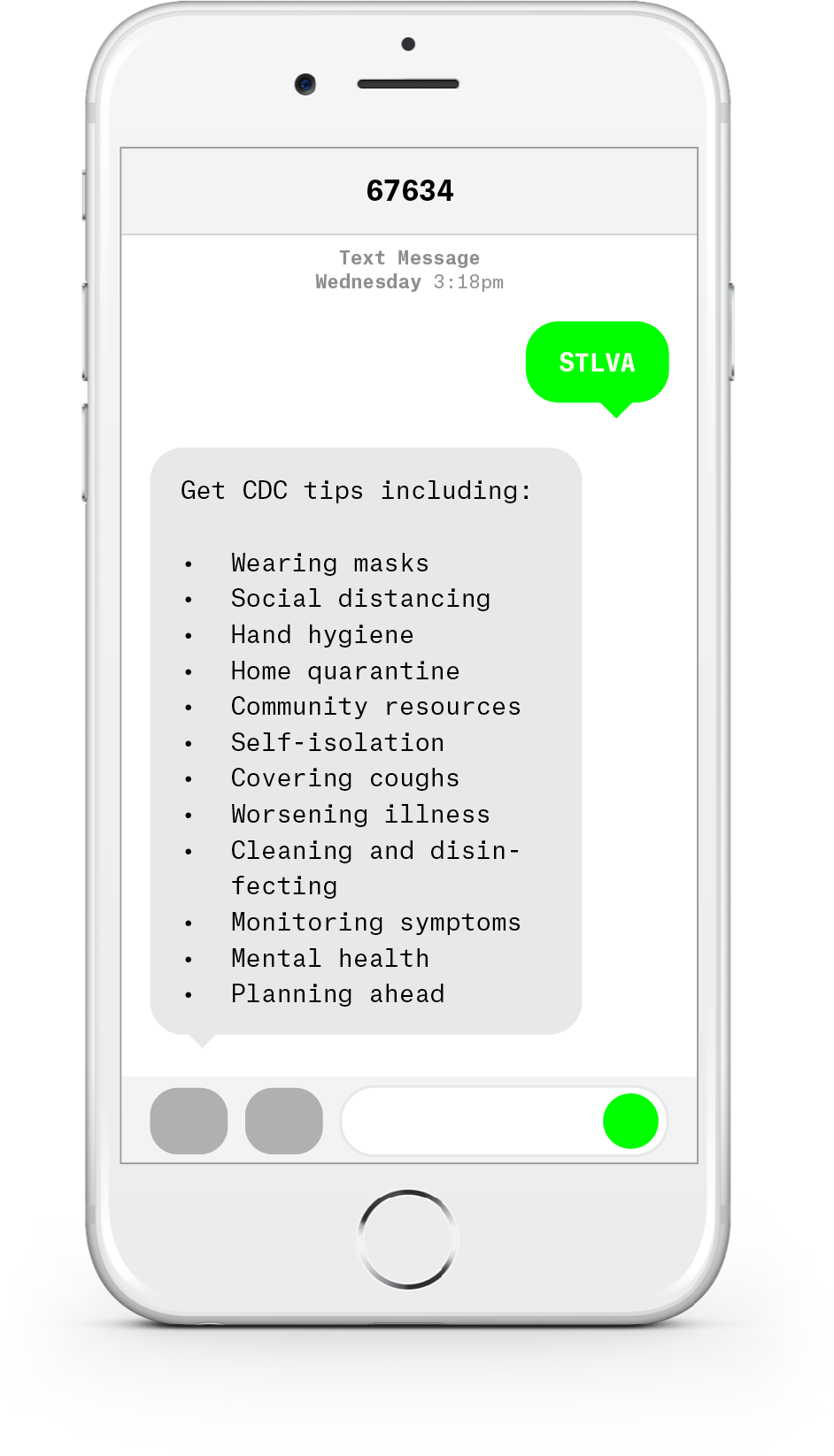 White iPhone with text messages about COVID-19 from St. Louis VA.