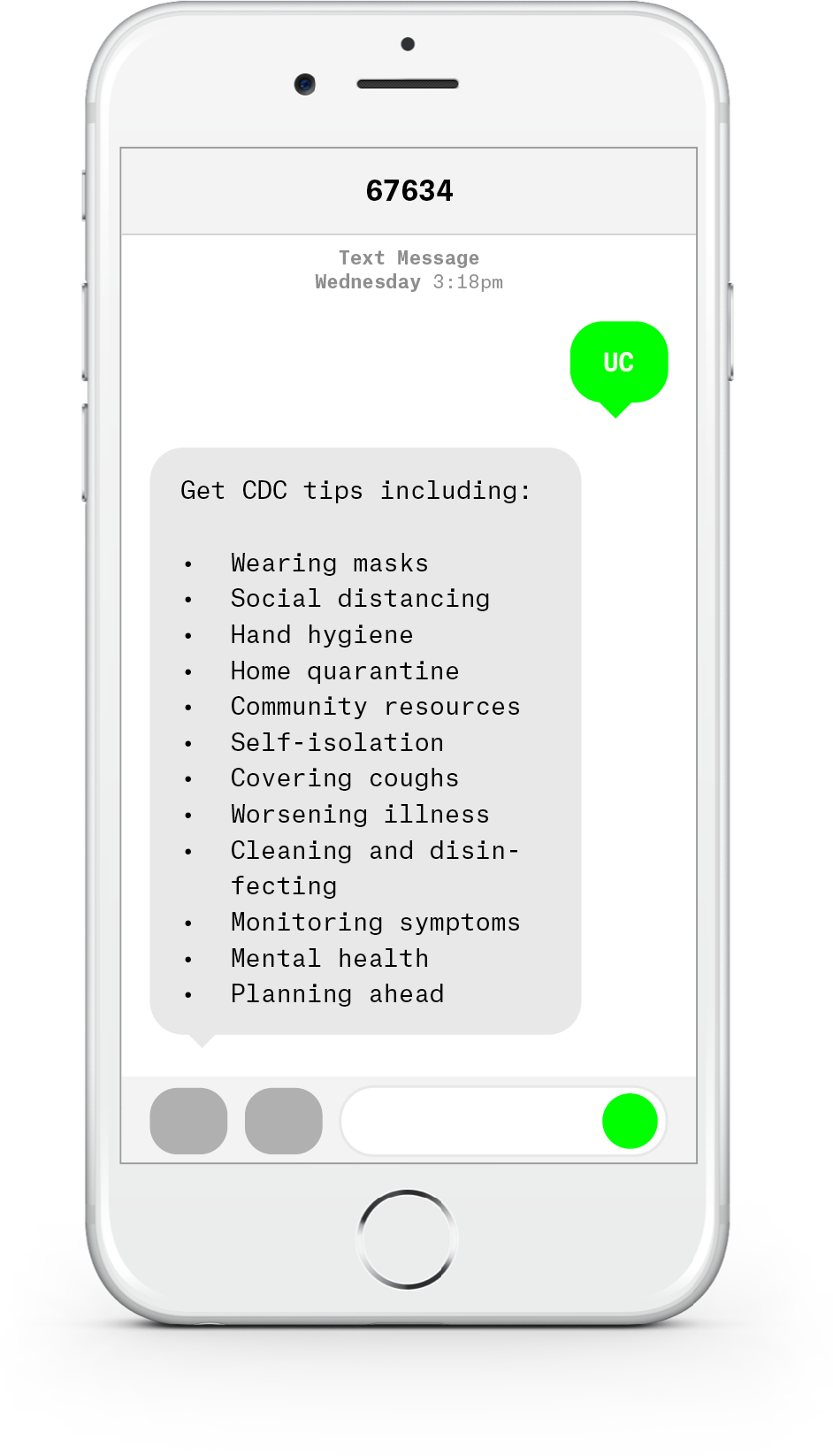 White iPhone with text messages about COVID-19 from University of California.
