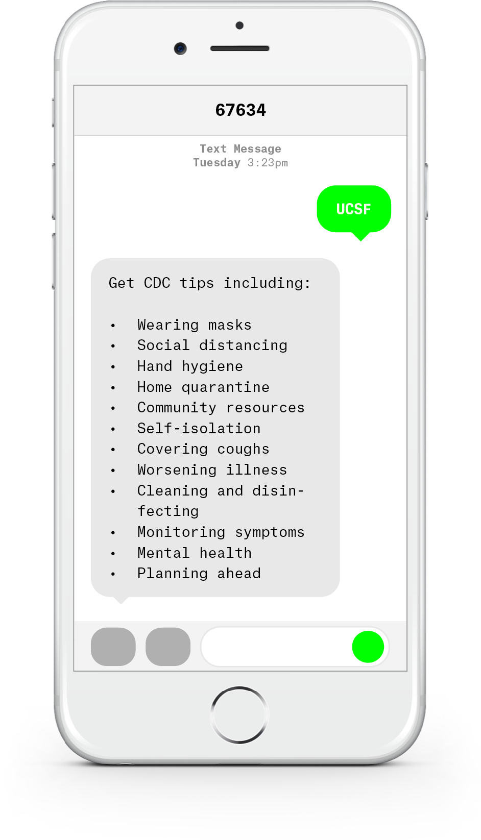 White iPhone with text messages about COVID-19 from UCSF.