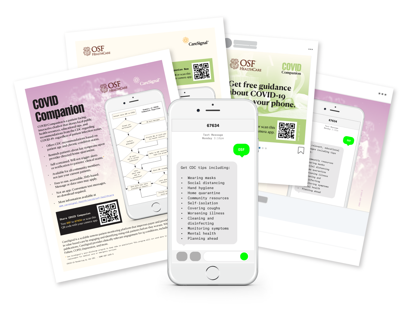 Suite of COVID Companion resources created for OSF, including flyers and social media graphics. Shows phone with simulation of COVID Companion.