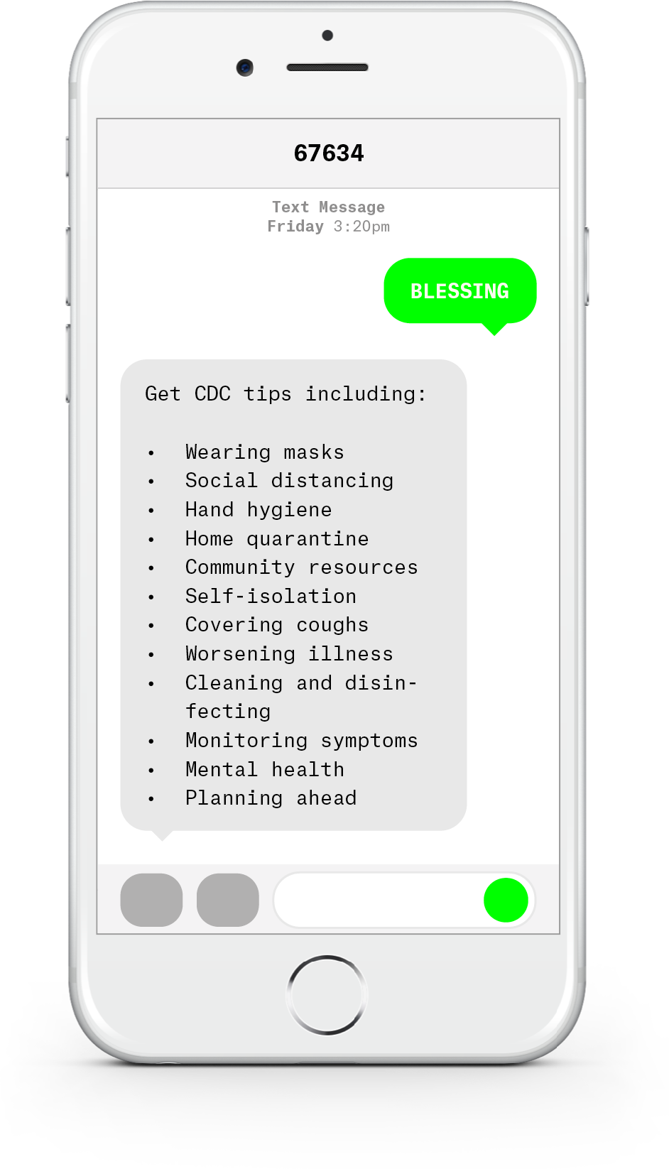 White iPhone with text messages about COVID-19 from Blessing Health System.