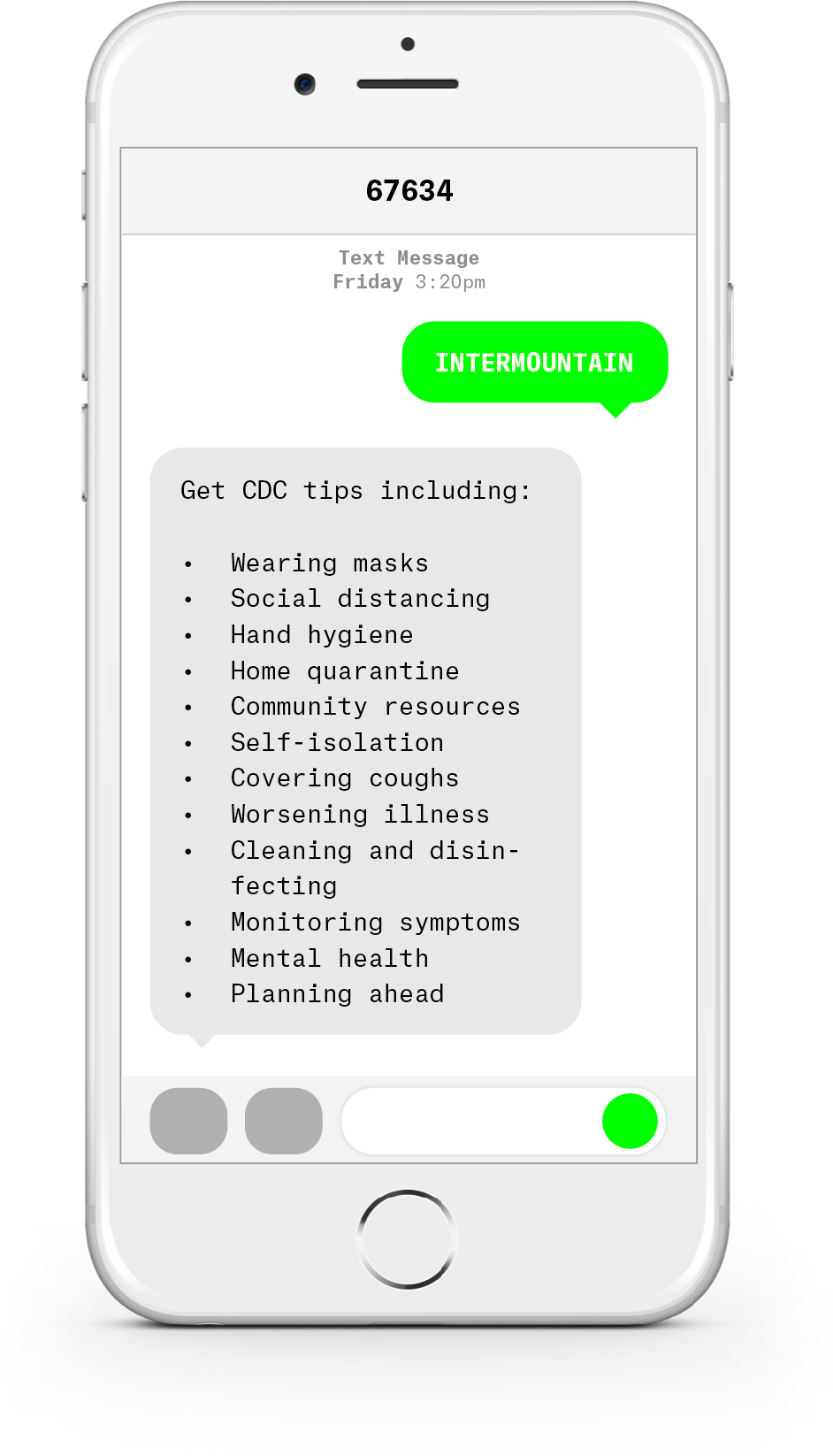 White iPhone with text messages about COVID-19 from Intermountain Healthcare.