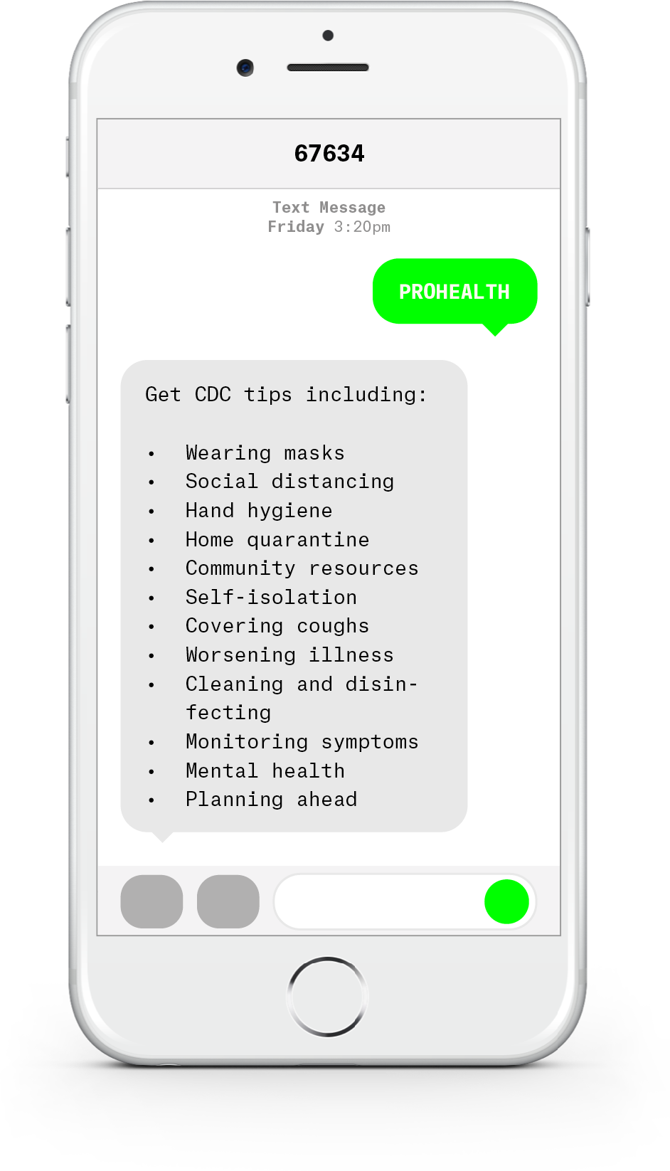 White iPhone with text messages about COVID-19 from ProHealth Care.