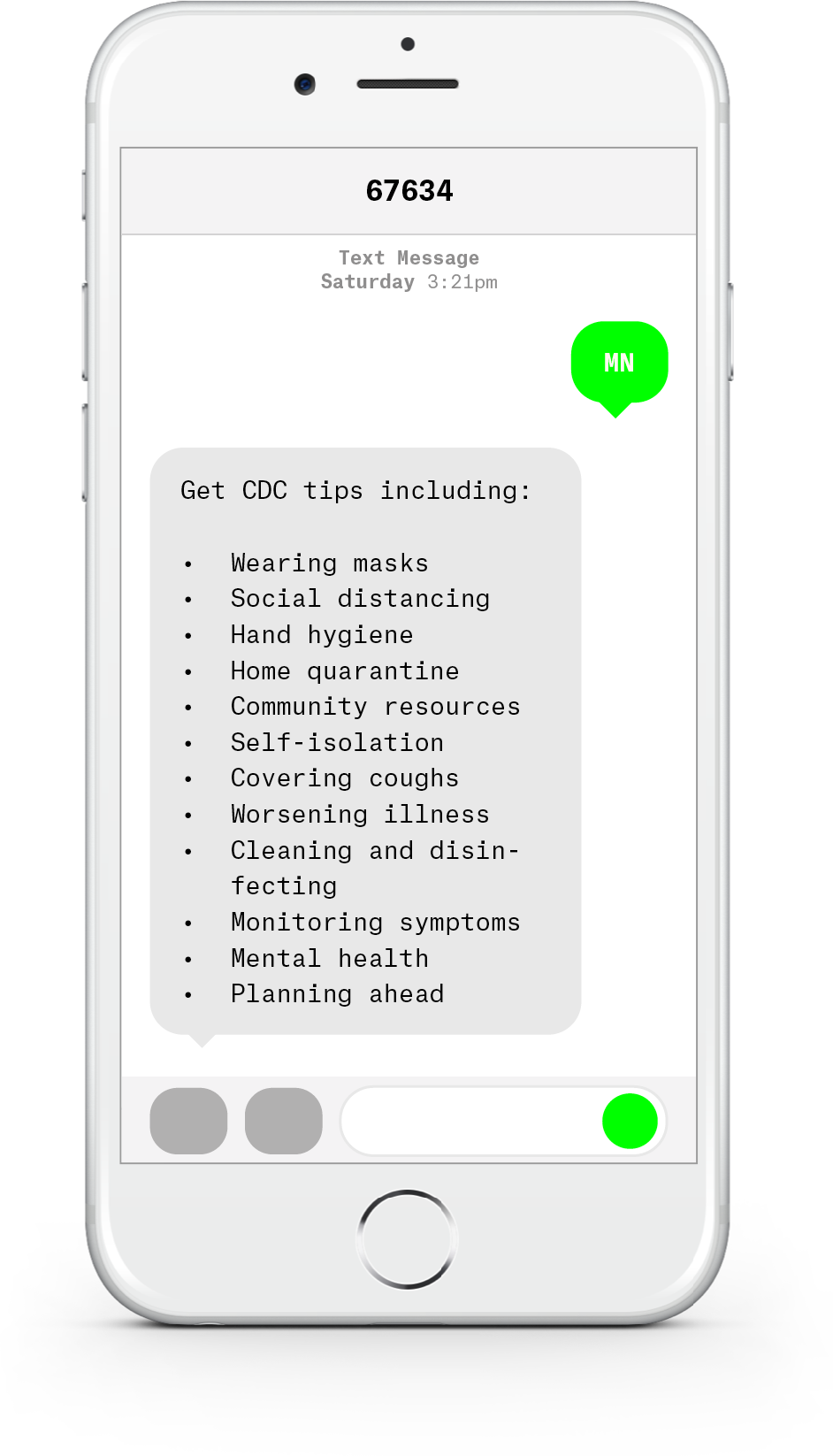 White iPhone with text messages about COVID-19 from Minnesota Department of Health and Human Services.