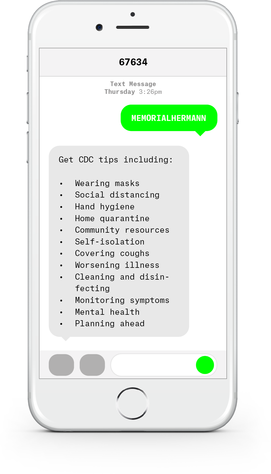 White iPhone with text messages about COVID-19 from Memorial Hermann Health System.