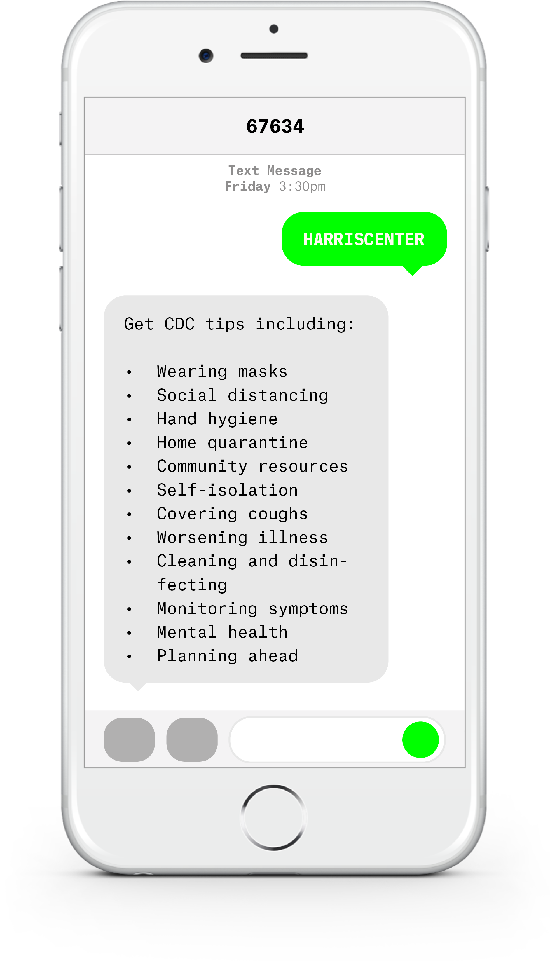 White iPhone with text messages about COVID-19 from The Harris Center.