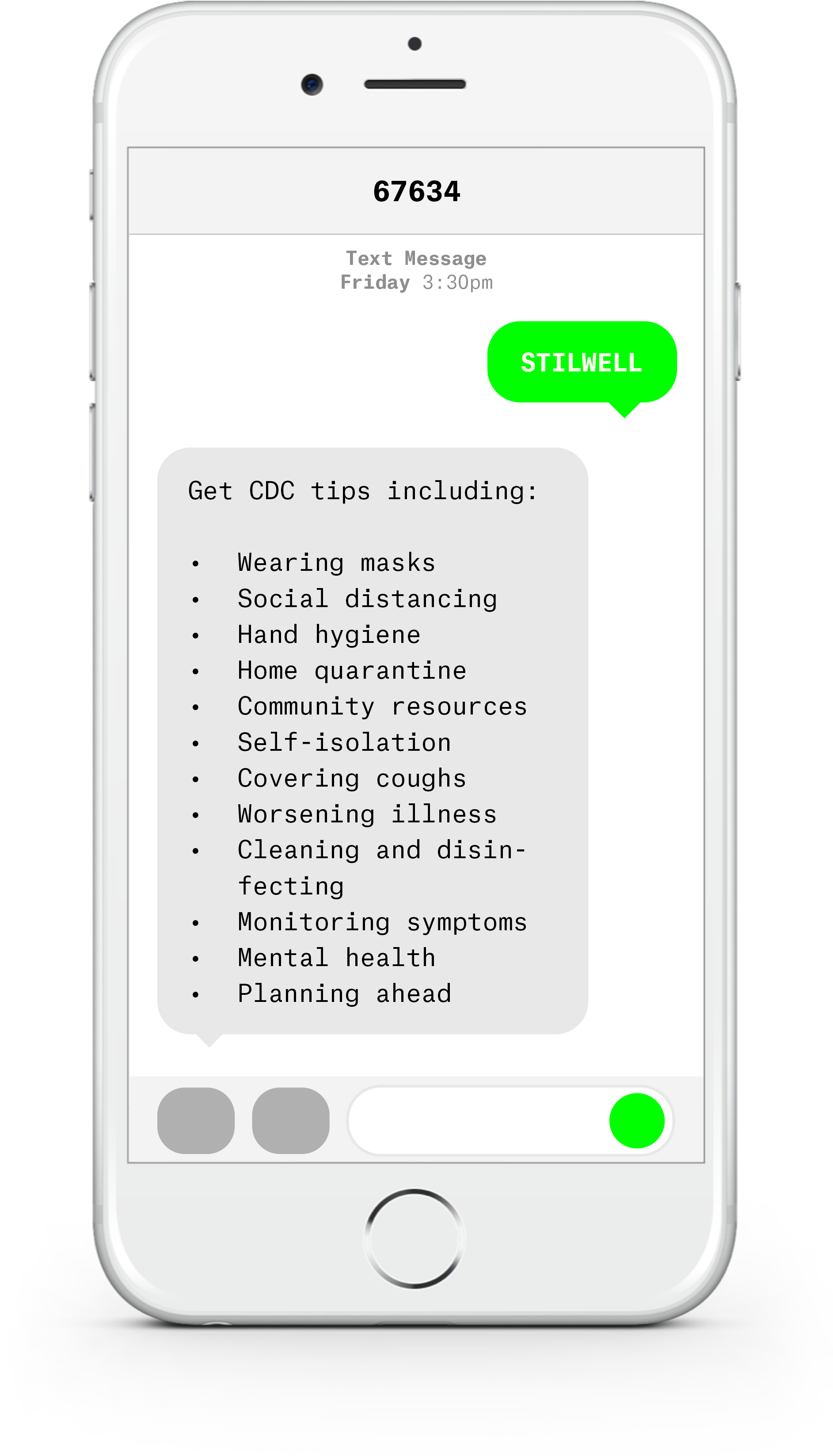 White iPhone with text messages about COVID-19 from Stilwell Memorial Hospital .
