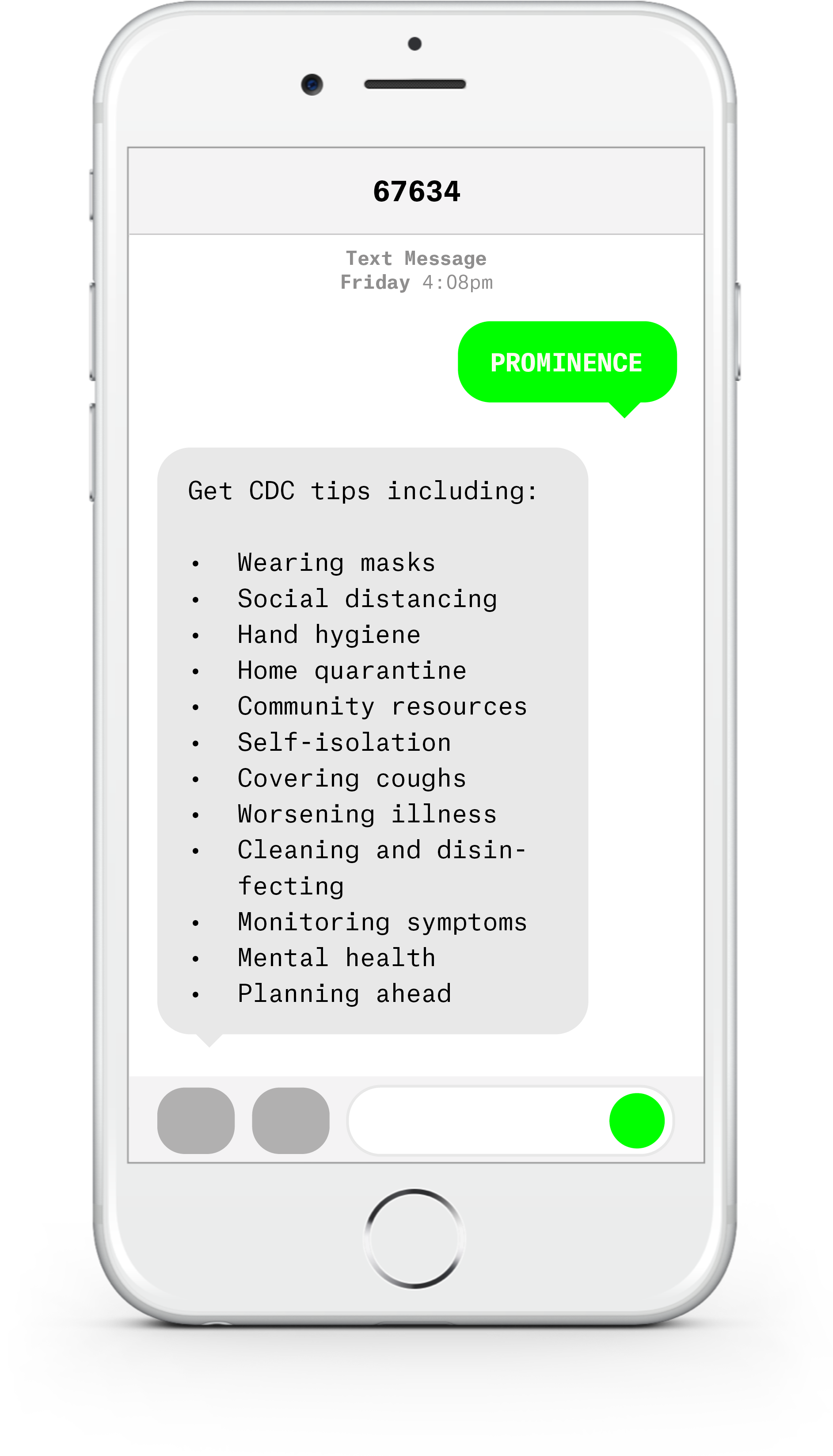 White iPhone with text messages about COVID-19 from Prominence Health Plan.