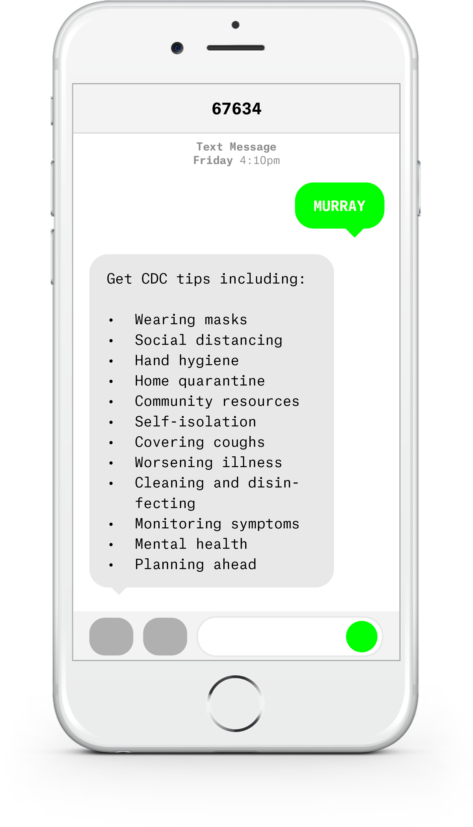 White iPhone with text messages about COVID-19 from Murray County Medical Center.