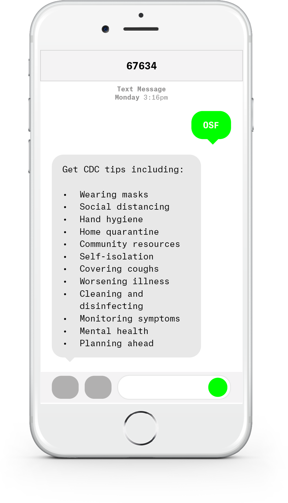 White iPhone with text messages about COVID-19 from OSF HealthCare.