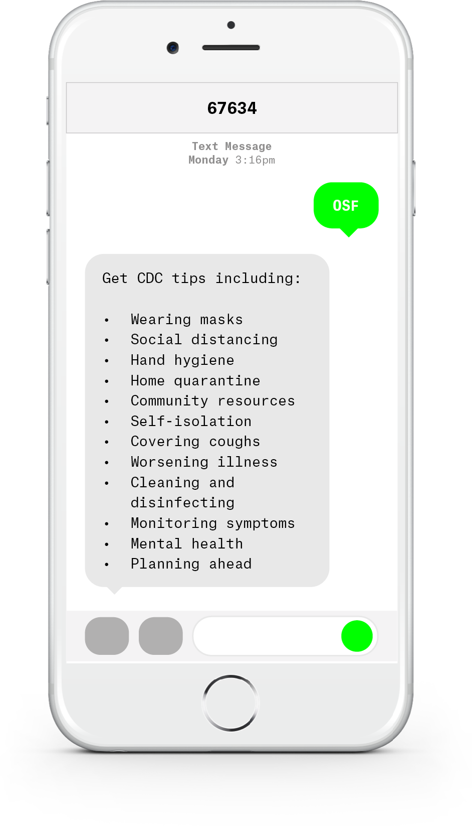 White iPhone with text messages about COVID-19 from OSF HealthCare.