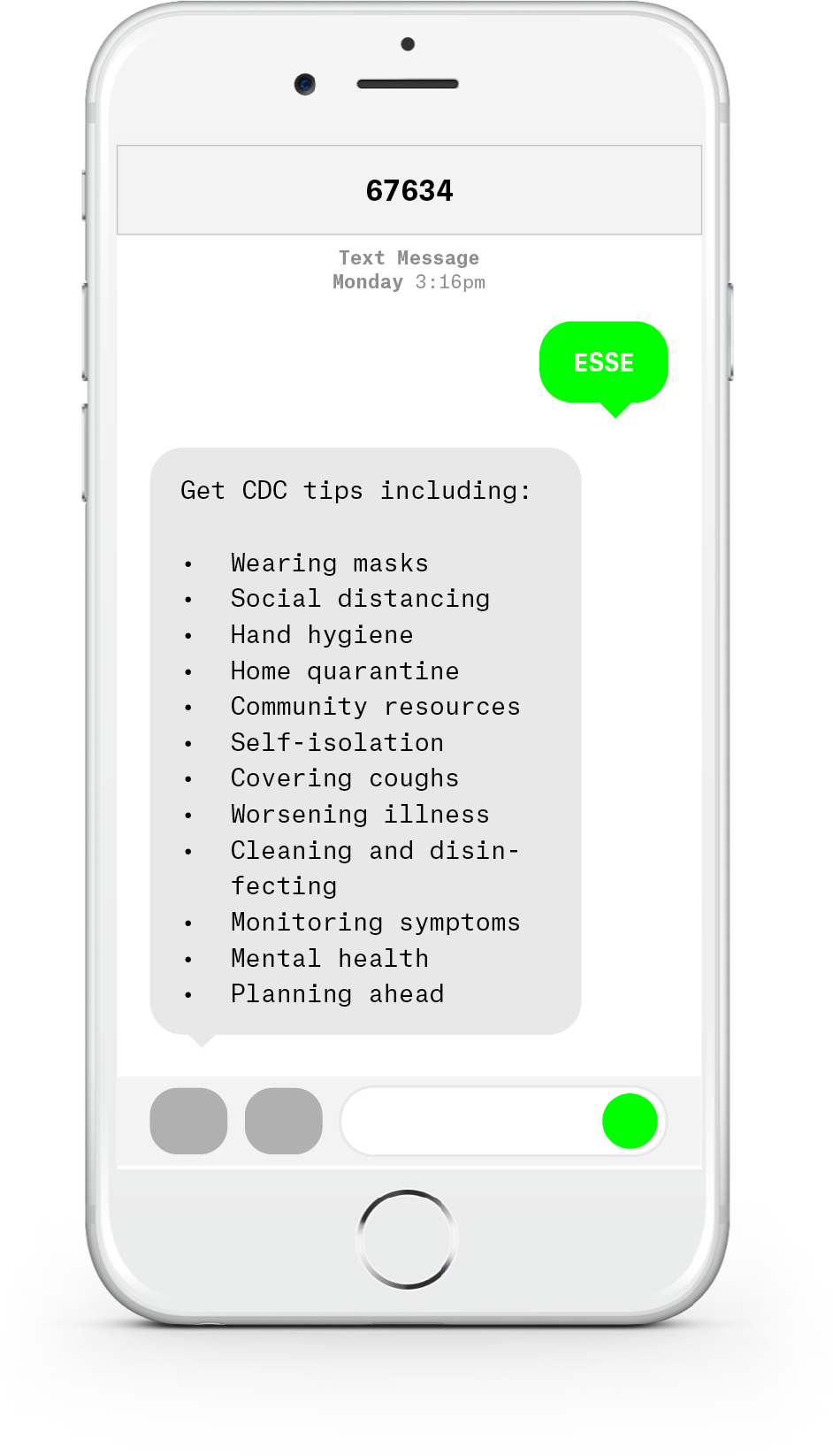 White iPhone with text messages about COVID-19 from Esse Health.